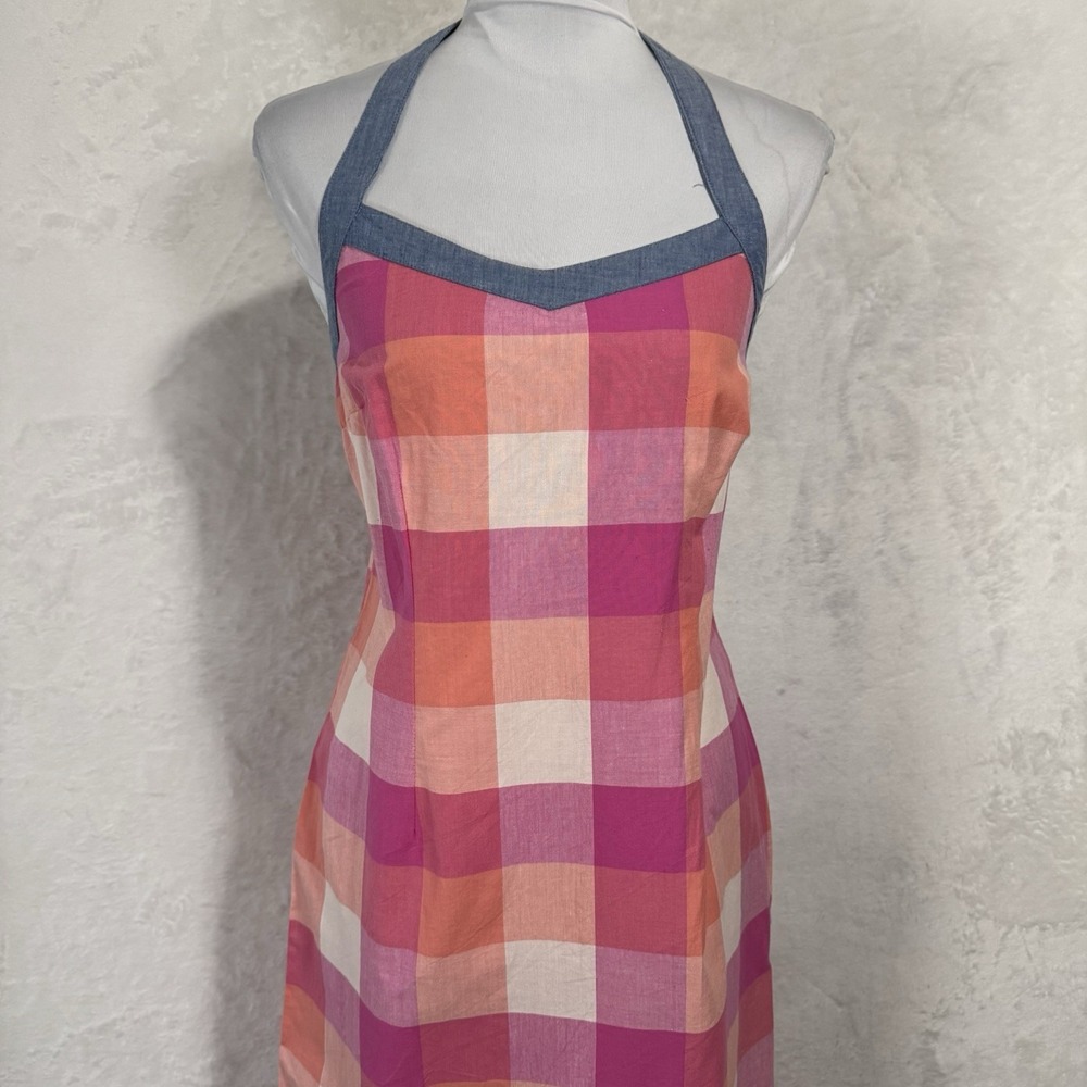NWT Y2K Plaid Chambray Halter Dress Size S Pink Gingham Sundress Preppy Vintage - Picture 2 of 16